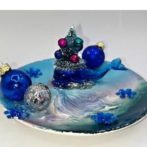 Vintage Mini Hand Blown Glass Blue Christmas Whale "Swimming in Snowflakes"OOAK